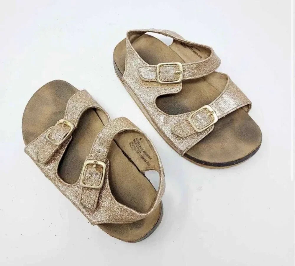 Baby Toddler Girls Gold Glitter Strappy Comfort Buckle Cork Sandals  Sz 8